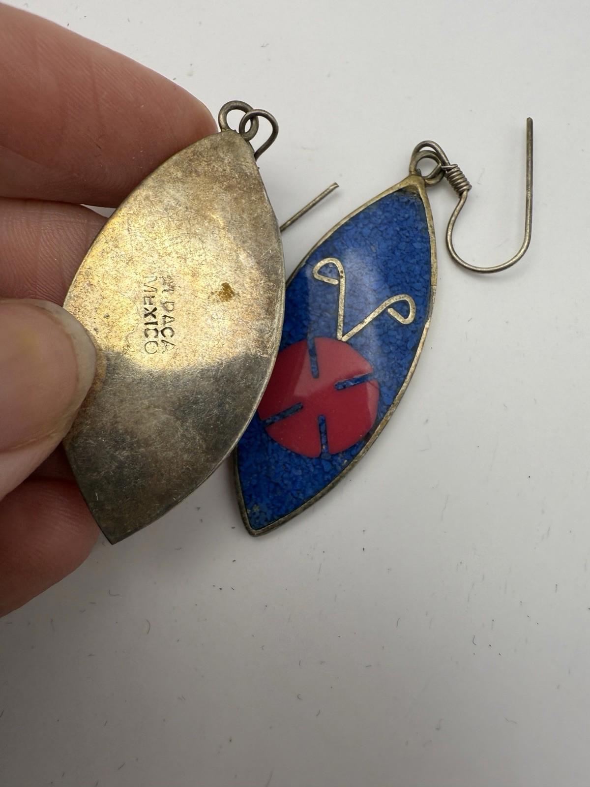 Vintage Signed Alpaca Silver Mexico Inlaid Drop Earrings Turquoise