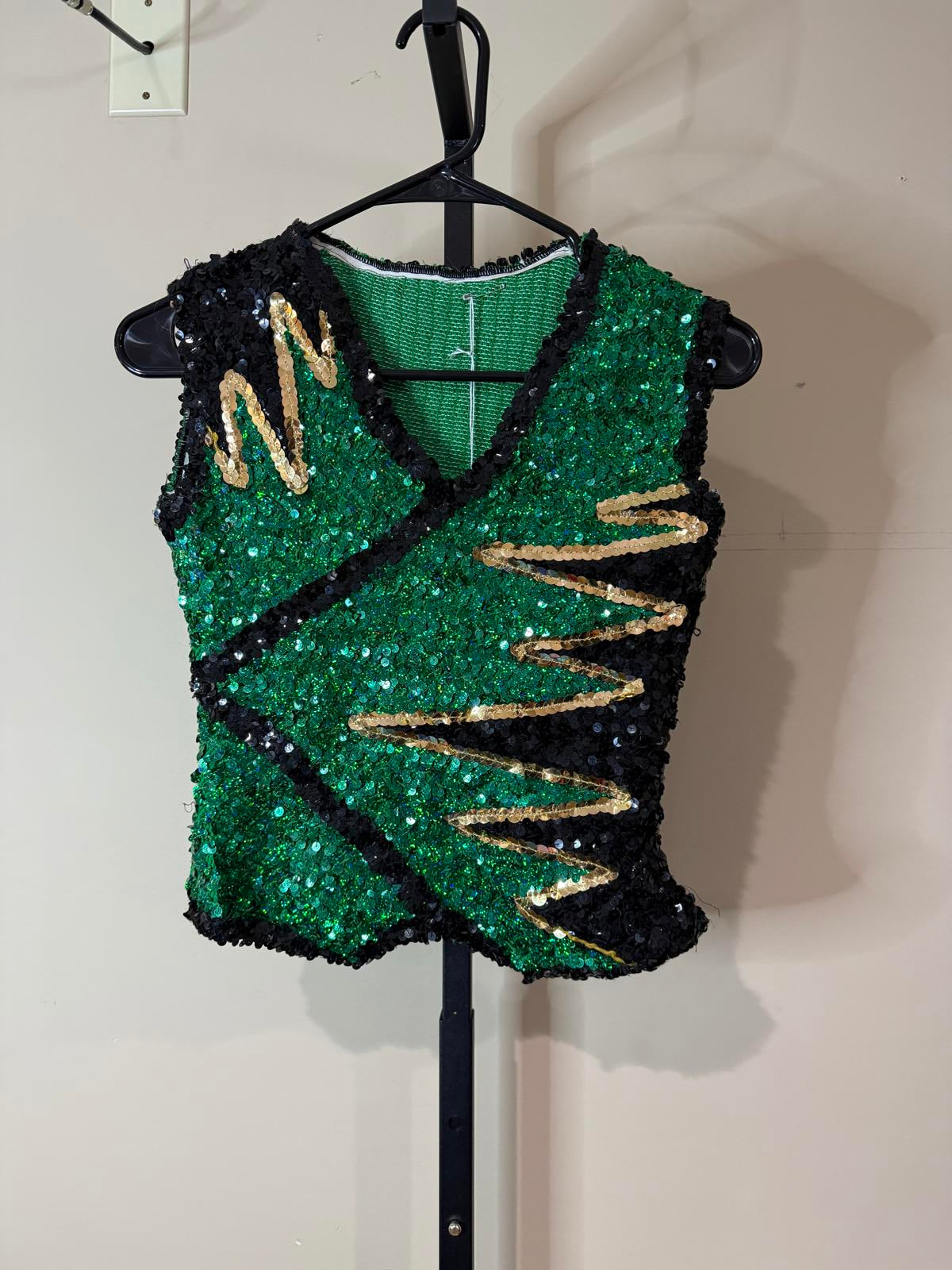 Vintage Sequin Embellished Green and Black Vest Top Adult Medium