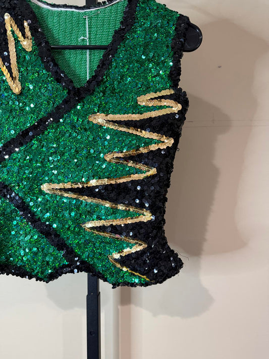 Vintage Sequin Embellished Green and Black Vest Top Adult Medium