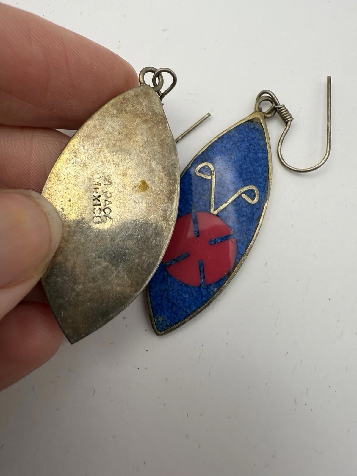 Vintage Signed Alpaca Silver Mexico Inlaid Drop Earrings Turquoise