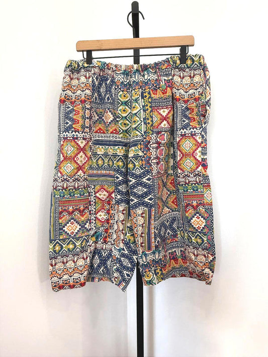 Vintage Handmade Colorful Patchwork Pattern Casual Shorts with Elastic Waistband