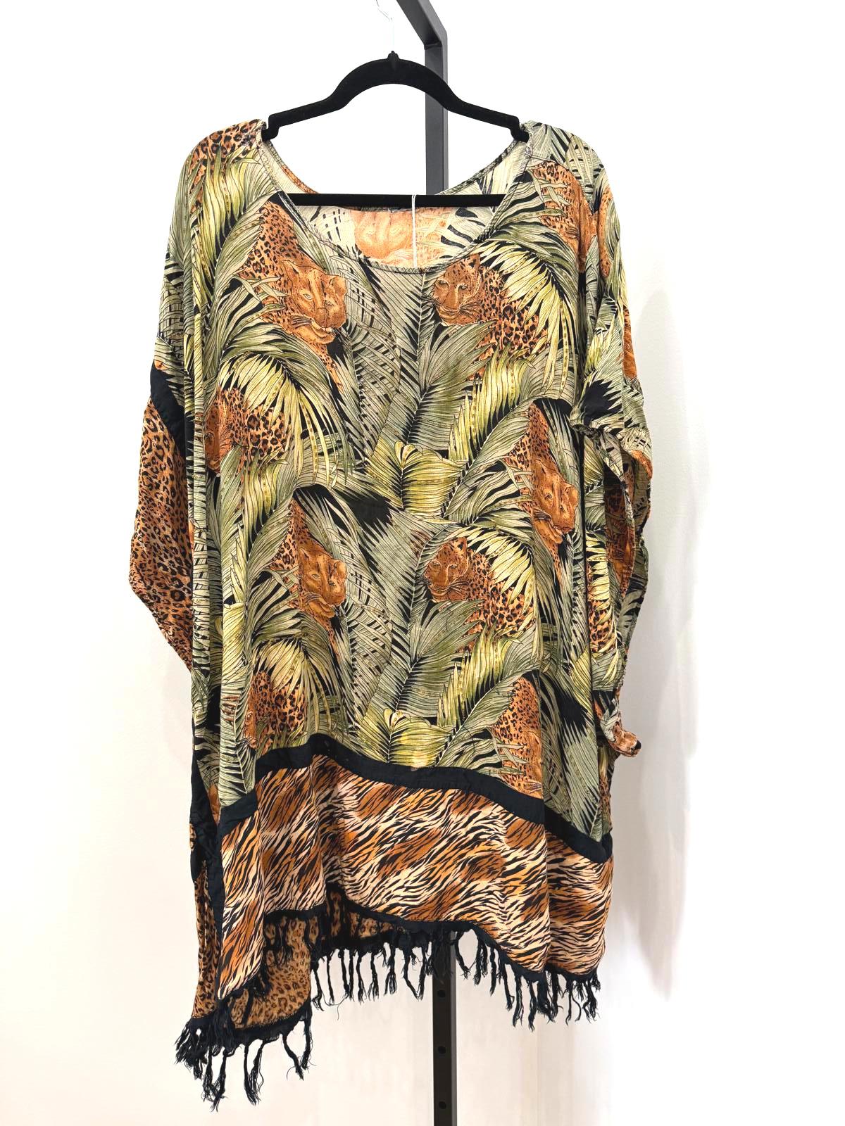 Vintage Animal Print Bohemian Loose Fit Tunic with Fringe Hem