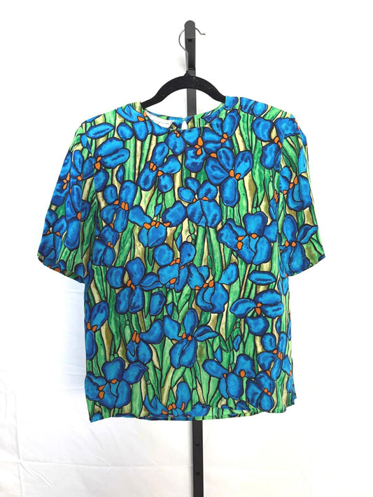 Vintage 100% Silk Floral Print Blouse by Spenser jeremy, Size 4 Blue Iris
