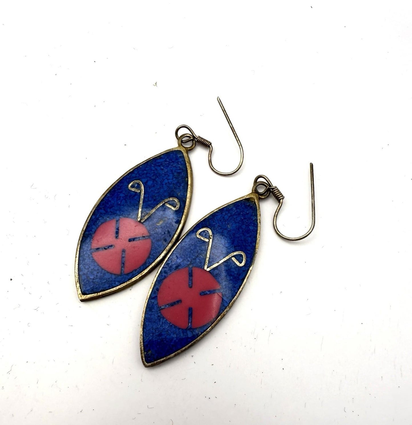 Vintage Signed Alpaca Silver Mexico Inlaid Drop Earrings Turquoise