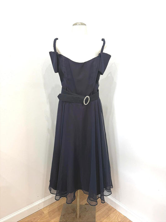 Vintage 70s Belted Elegant Navy Blue Off-Shoulder Dress with Belt