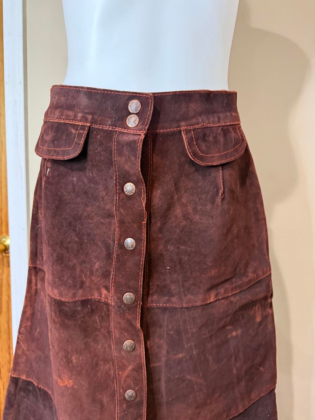 70s Argentinian Suede Vintage Brown Suede Leather Button-Front Skirt Size 42