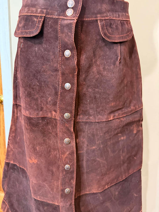 70s Argentinian Suede Vintage Brown Suede Leather Button-Front Skirt Size 42