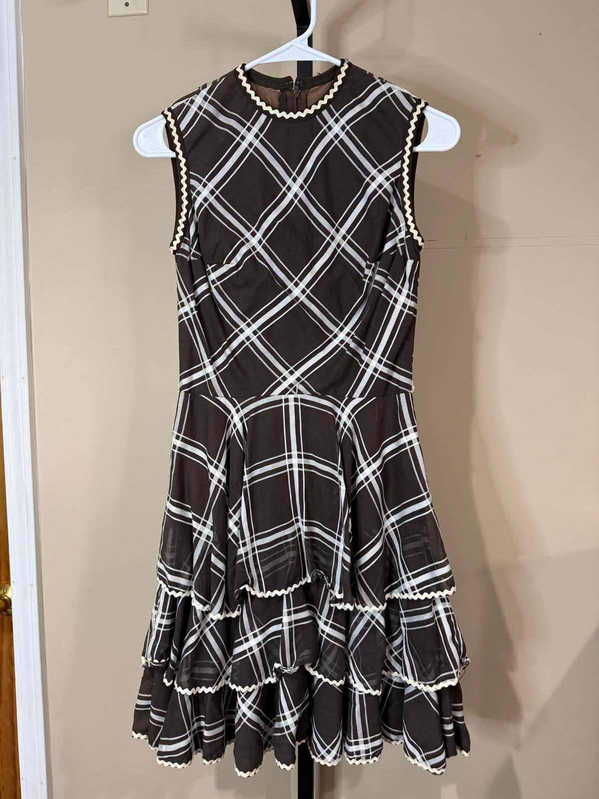 50s Vintage Sleeveless Plaid Ruffled Hem Dress XS Melissa Lane
