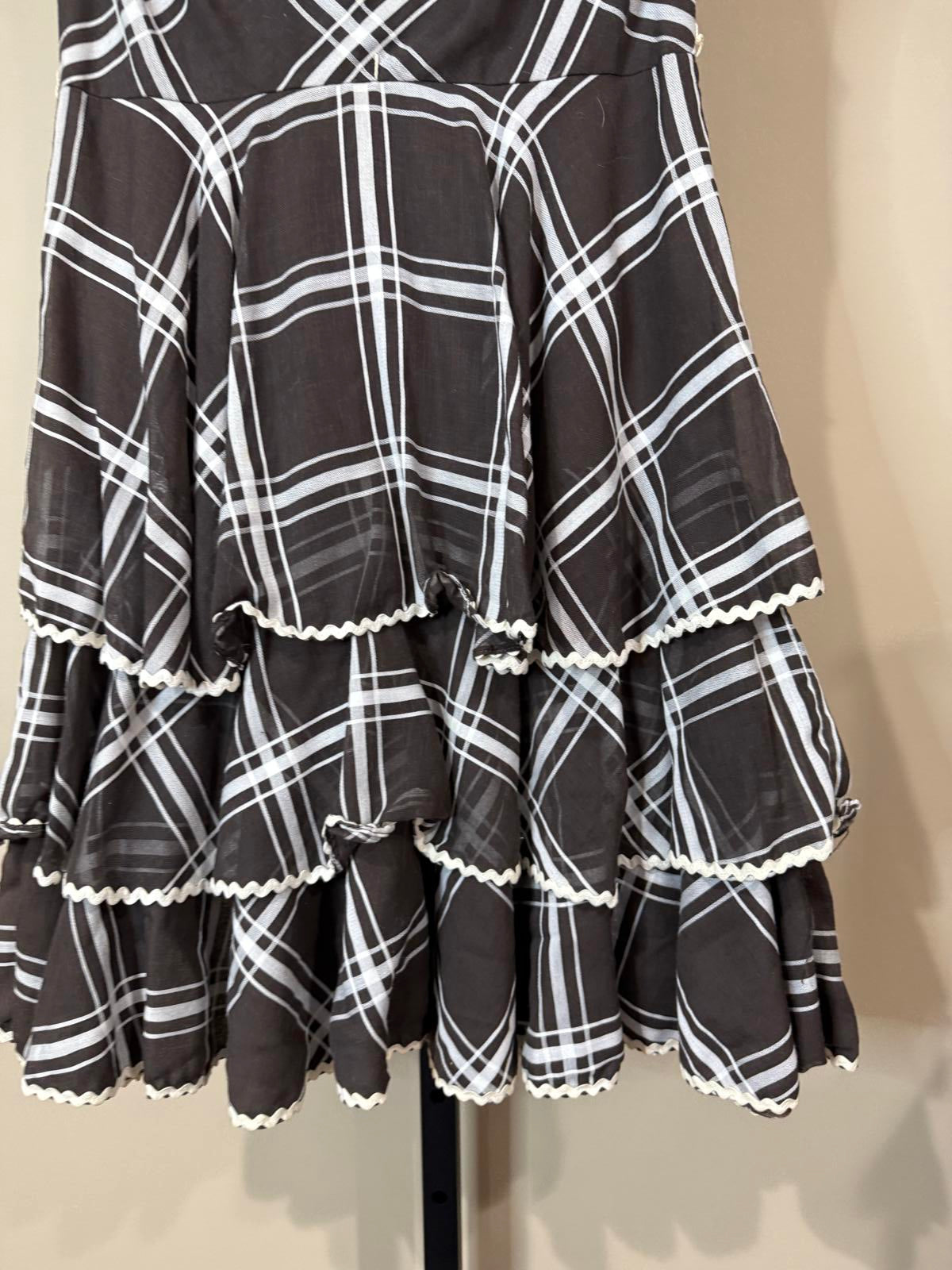 50s Vintage Sleeveless Plaid Ruffled Hem Dress XS Melissa Lane