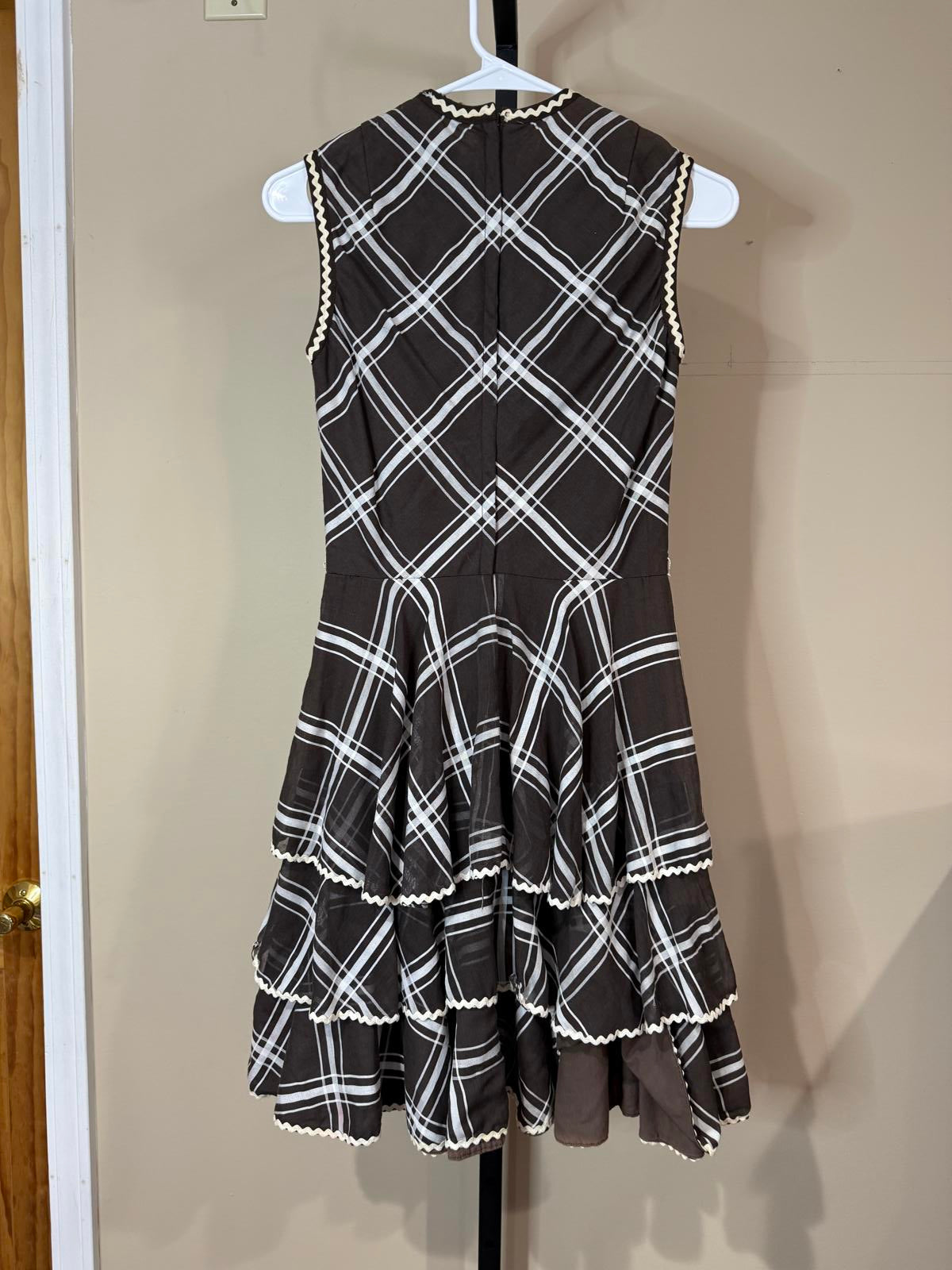 50s Vintage Sleeveless Plaid Ruffled Hem Dress XS Melissa Lane