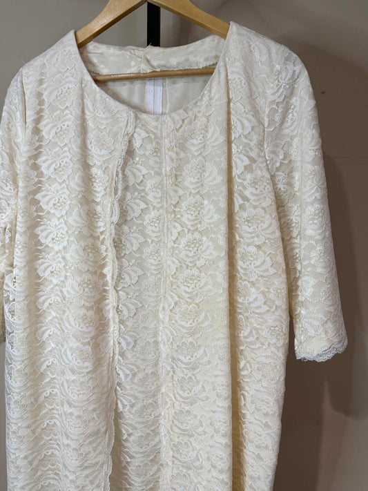 vintage Handmade 60s Bridal Cream Lace Midi Dress with 3/4 Sleeves