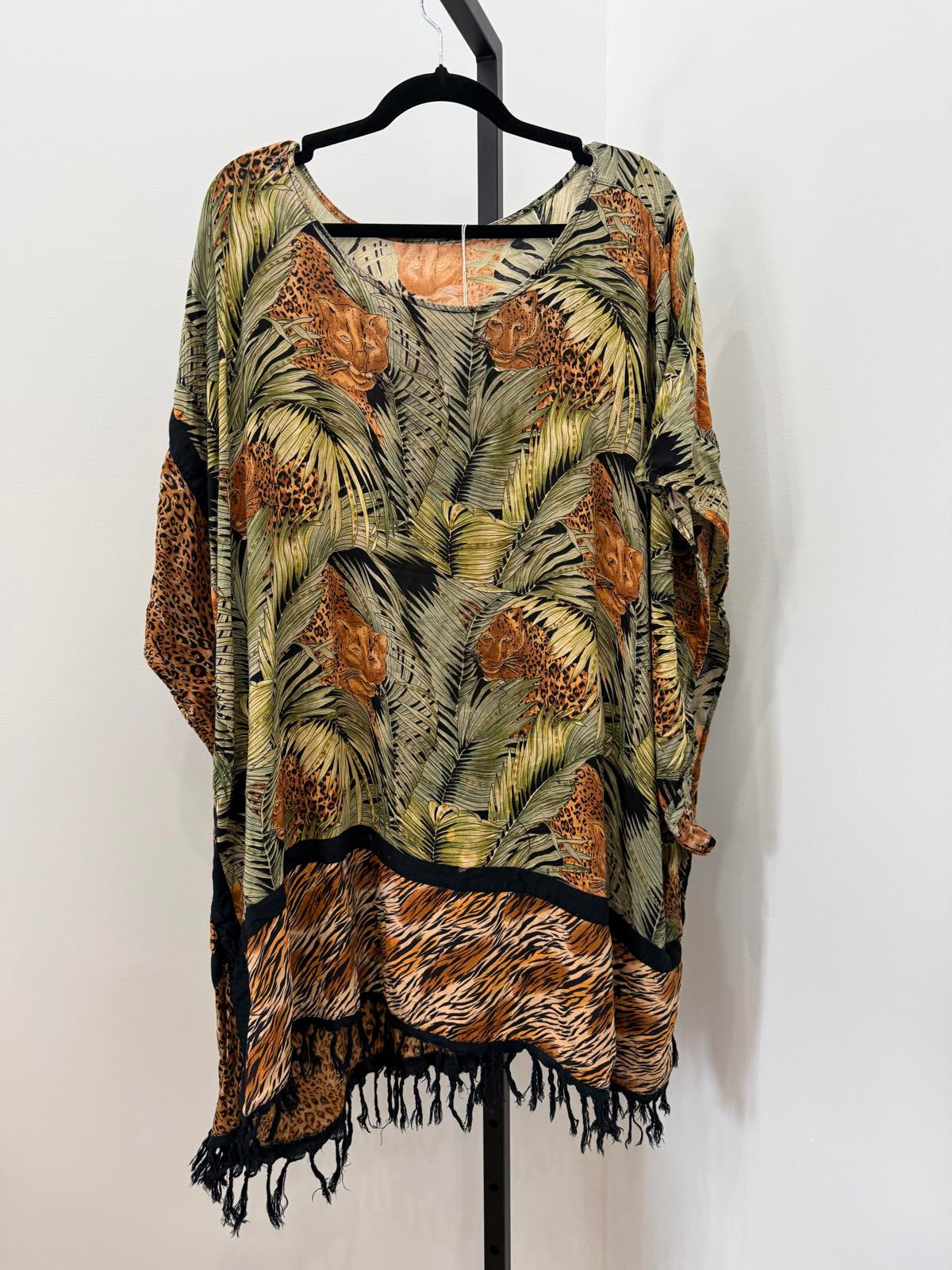 Vintage Animal Print Bohemian Loose Fit Tunic with Fringe Hem