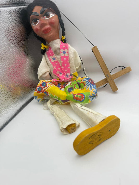 Vintage Mexican Wooden Marionette Doll with Colorful Clothing