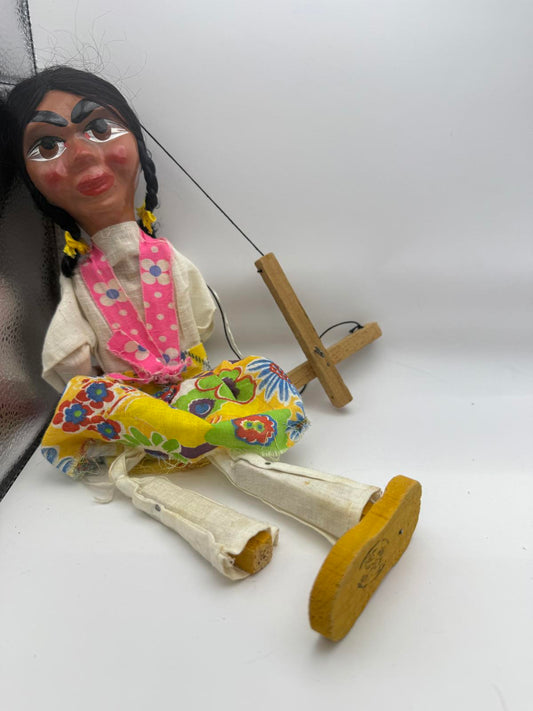 Vintage Mexican Wooden Marionette Doll with Colorful Clothing
