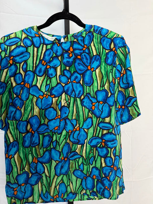 Vintage 100% Silk Floral Print Blouse by Spenser jeremy, Size 4 Blue Iris