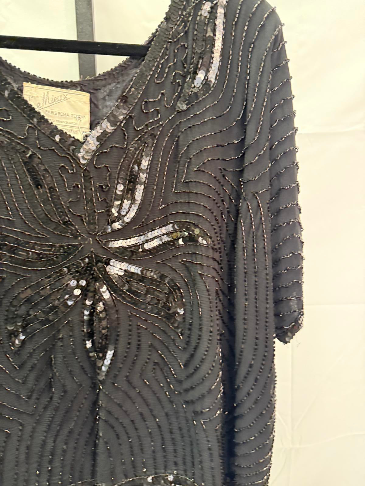 Vintage Le Mieux Black Beaded Sequin Blouse Size L