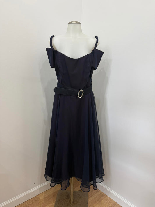Vintage 70s Belted Elegant Navy Blue Off-Shoulder Dress with Belt