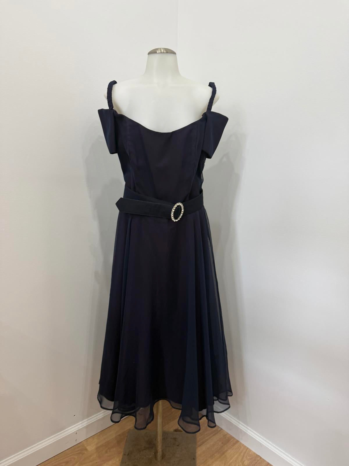 Vintage 70s Belted Elegant Navy Blue Off-Shoulder Dress with Belt