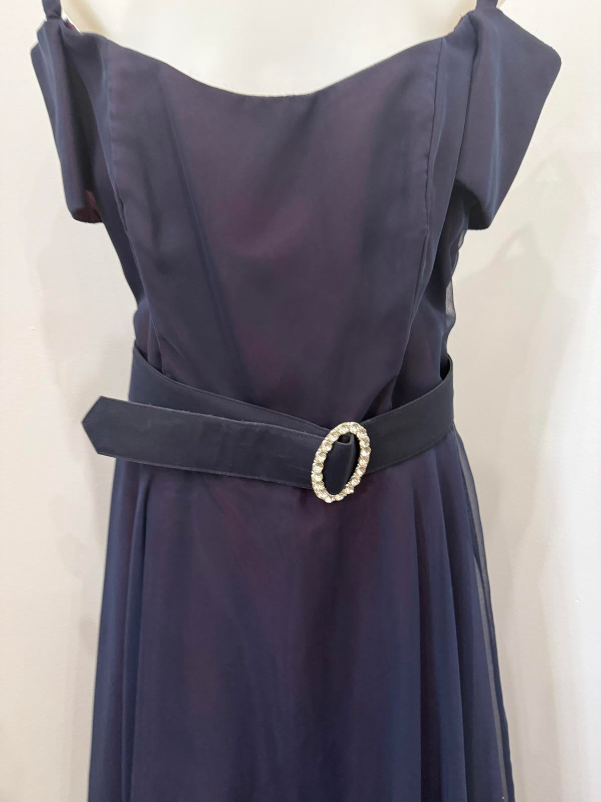 Vintage 70s Belted Elegant Navy Blue Off-Shoulder Dress with Belt