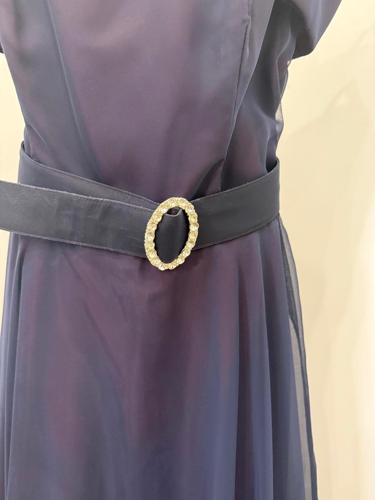 Vintage 70s Belted Elegant Navy Blue Off-Shoulder Dress with Belt