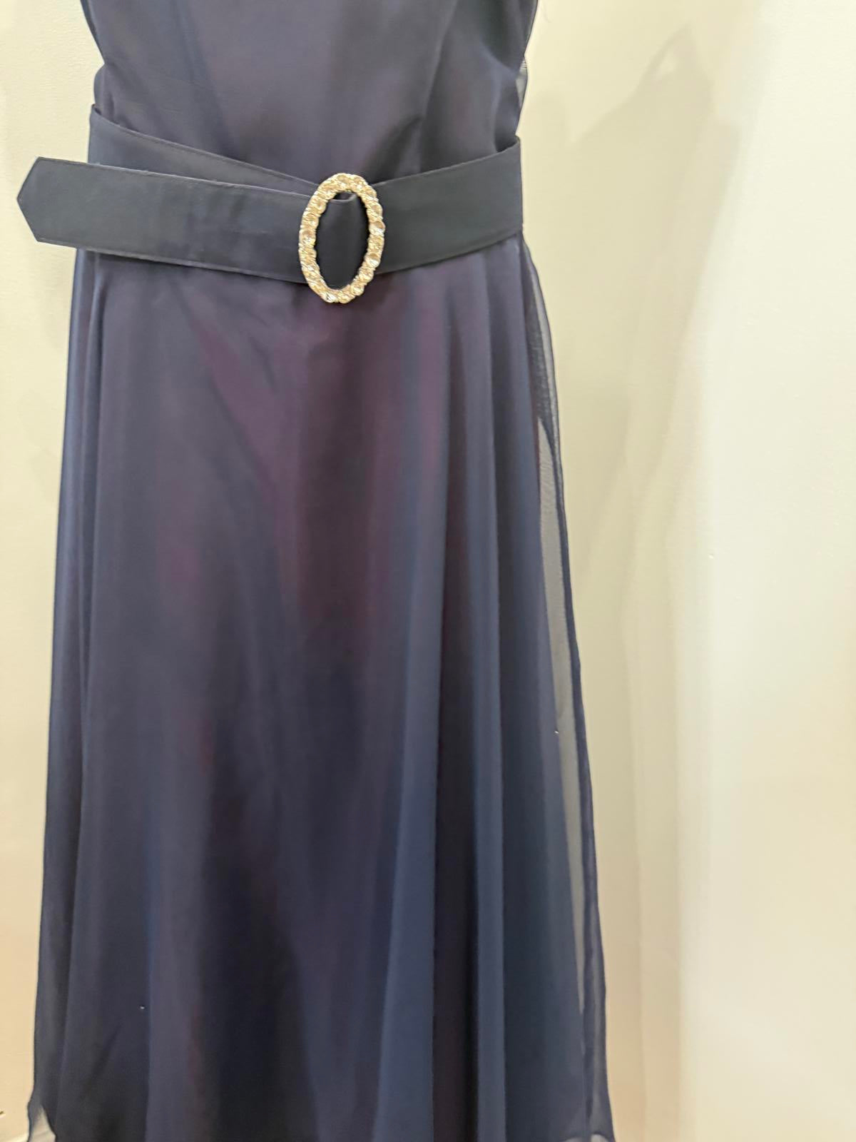Vintage 70s Belted Elegant Navy Blue Off-Shoulder Dress with Belt