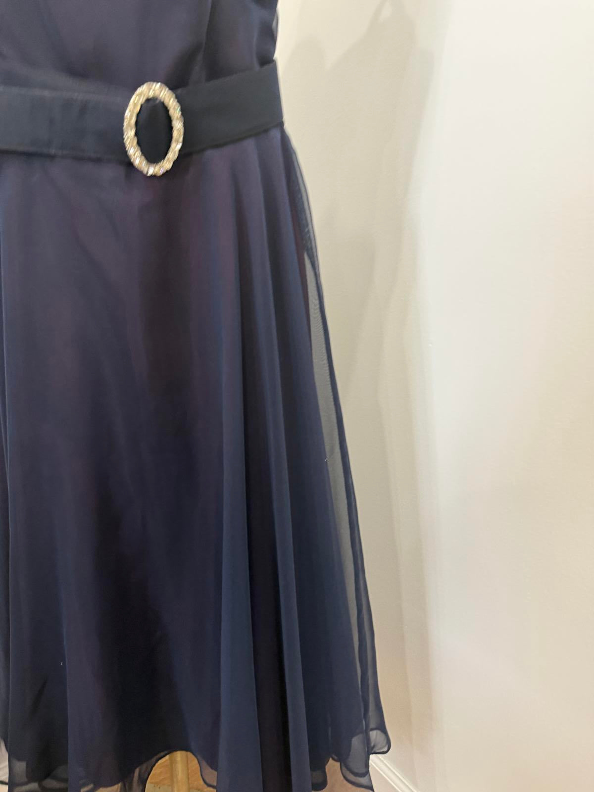 Vintage 70s Belted Elegant Navy Blue Off-Shoulder Dress with Belt