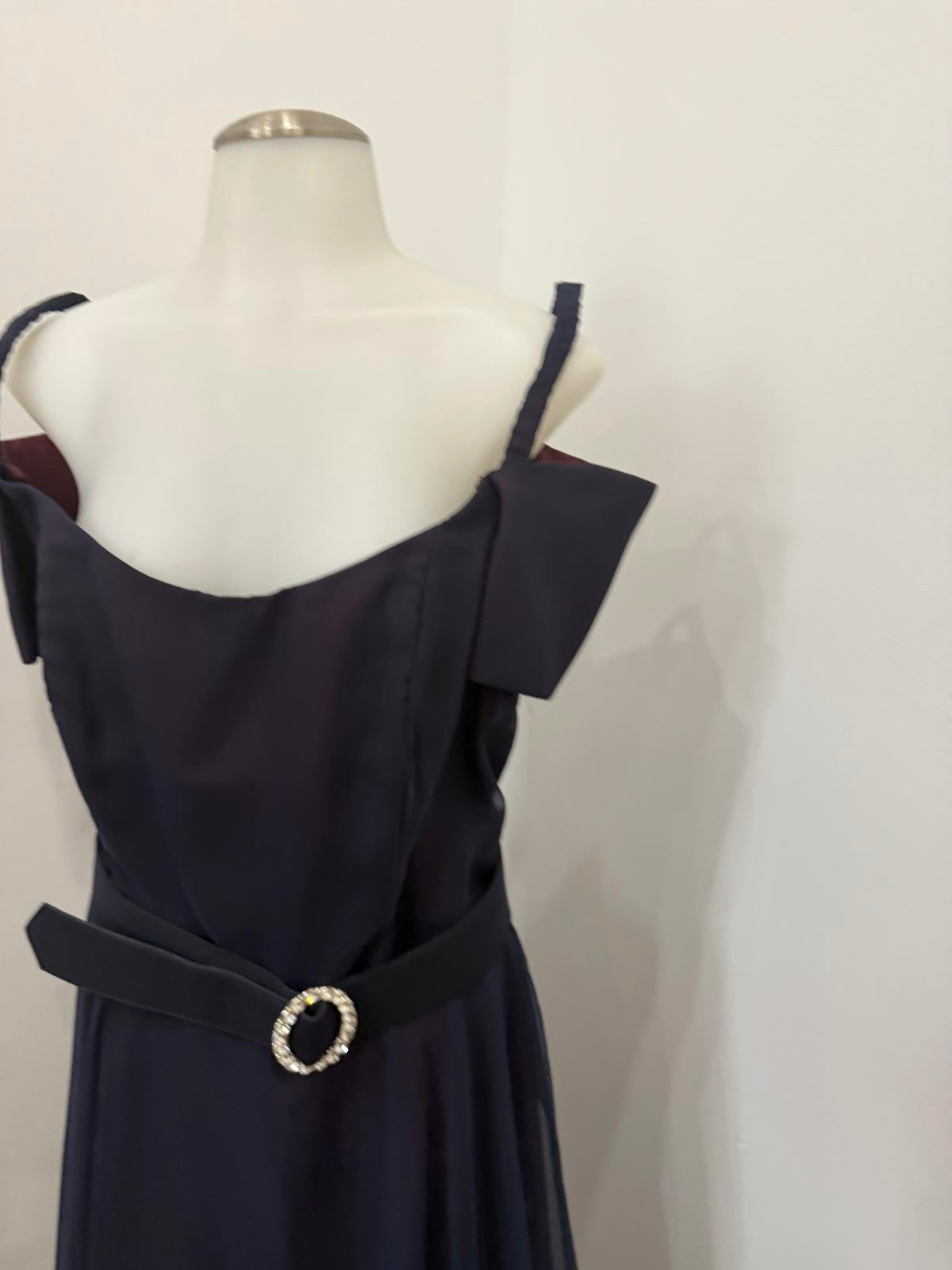 Vintage 70s Belted Elegant Navy Blue Off-Shoulder Dress with Belt