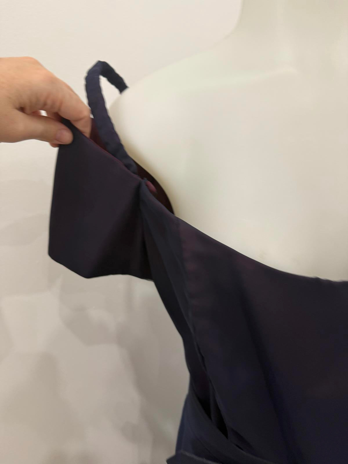 Vintage 70s Belted Elegant Navy Blue Off-Shoulder Dress with Belt