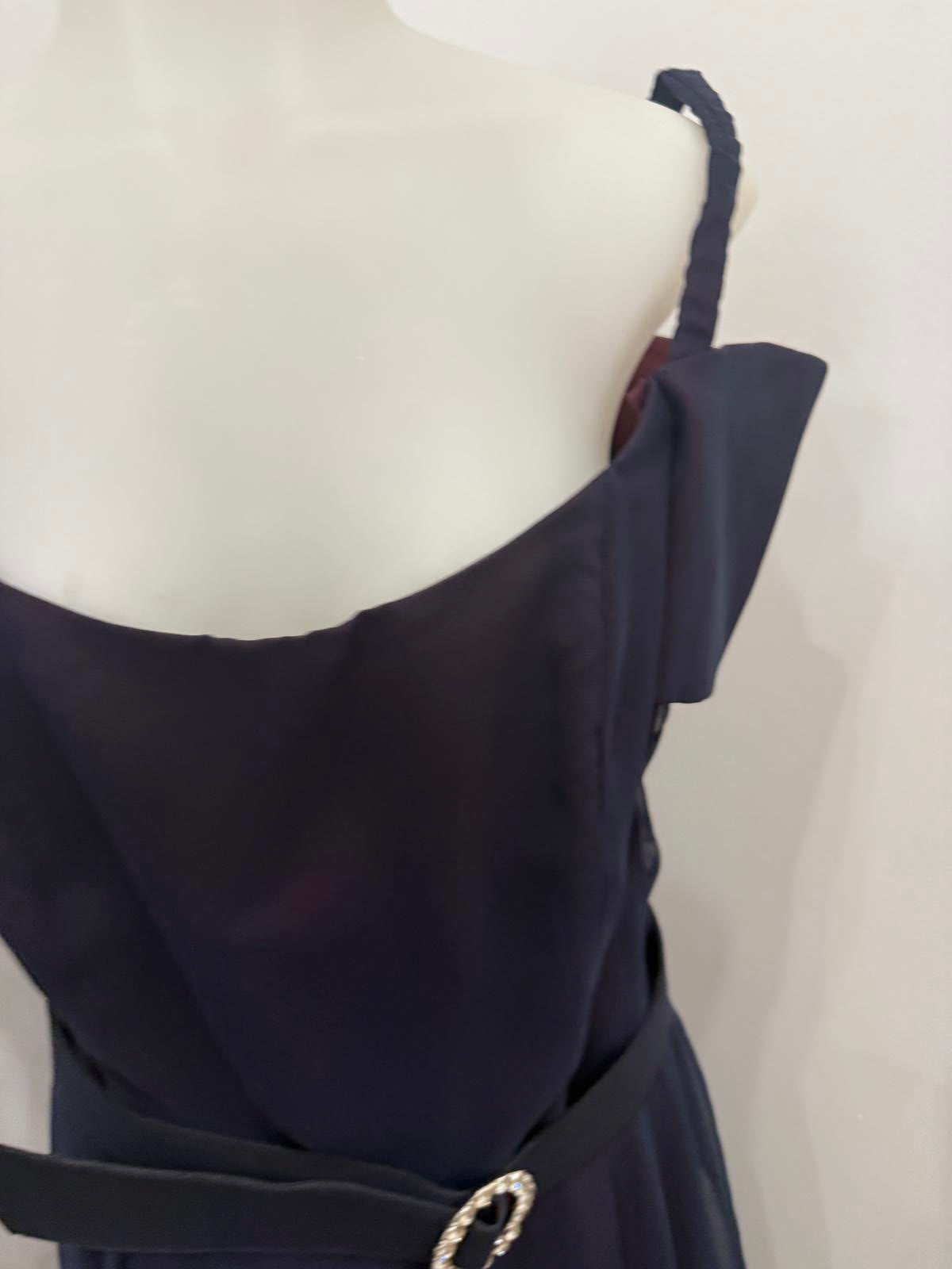 Vintage 70s Belted Elegant Navy Blue Off-Shoulder Dress with Belt