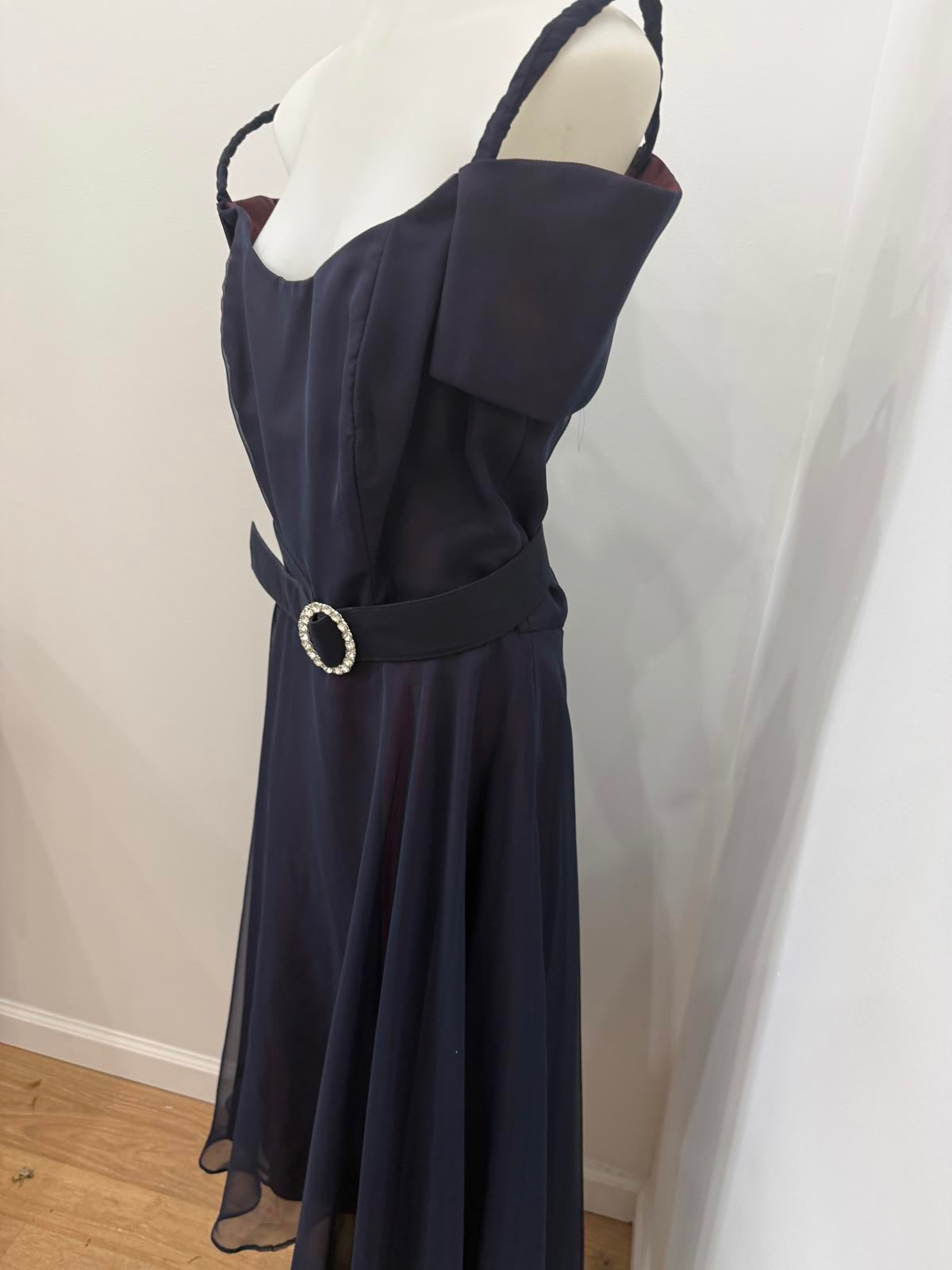 Vintage 70s Belted Elegant Navy Blue Off-Shoulder Dress with Belt