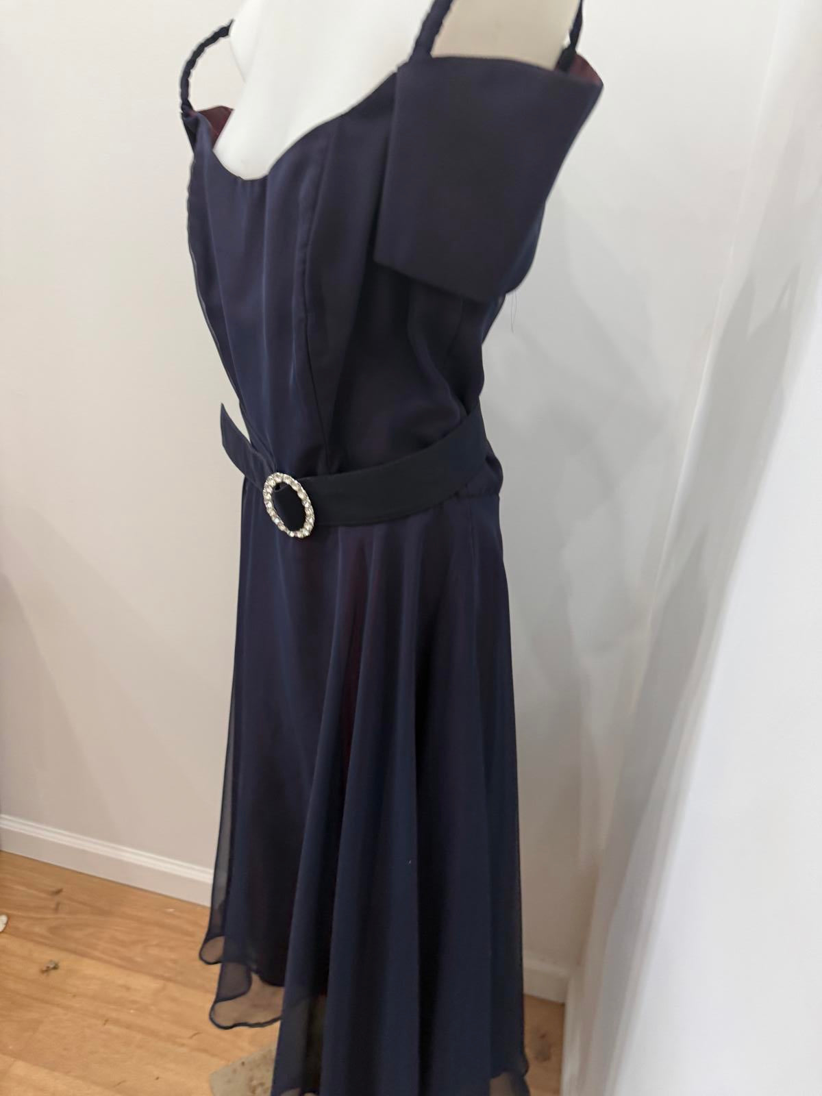 Vintage 70s Belted Elegant Navy Blue Off-Shoulder Dress with Belt