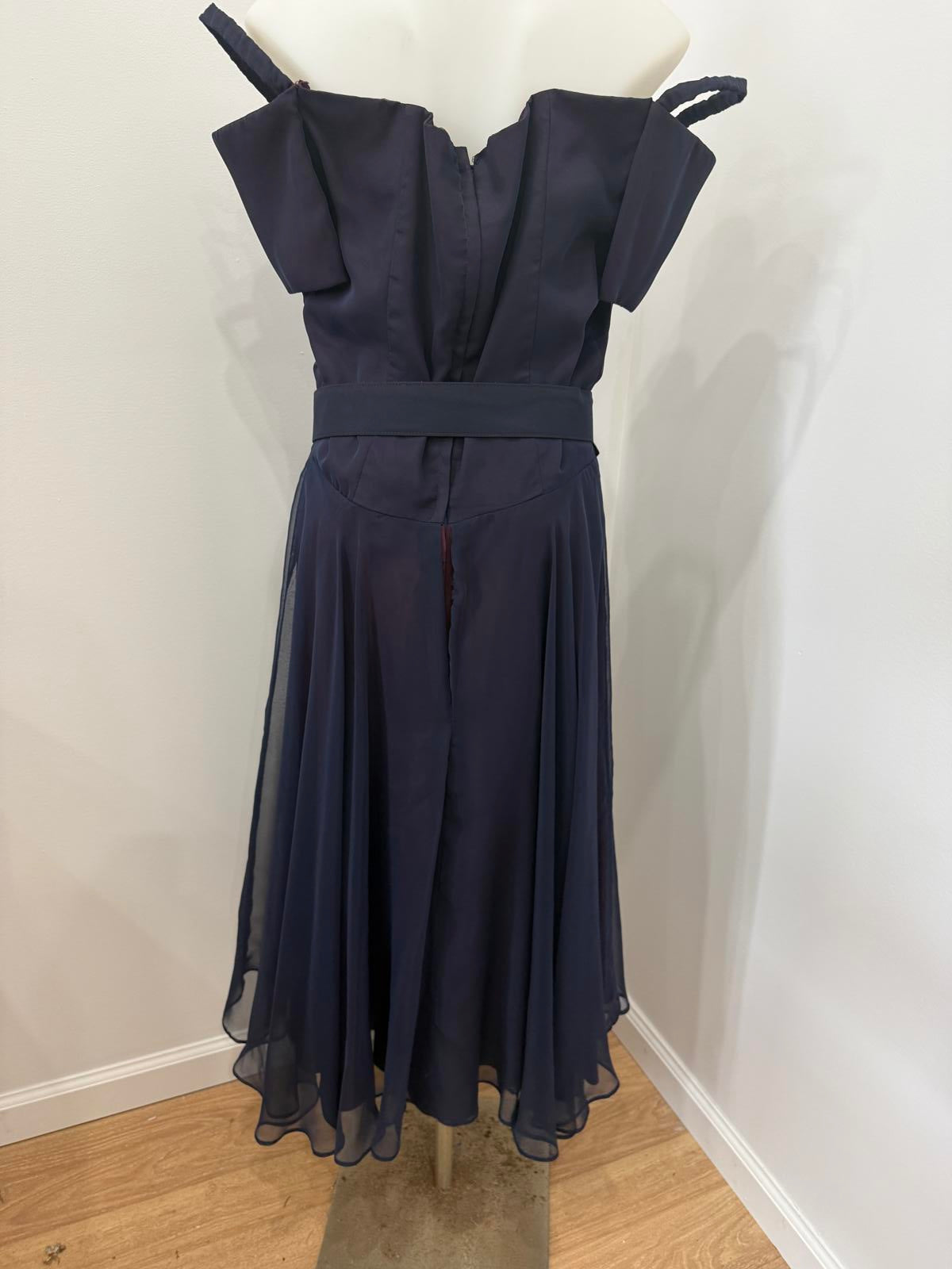 Vintage 70s Belted Elegant Navy Blue Off-Shoulder Dress with Belt