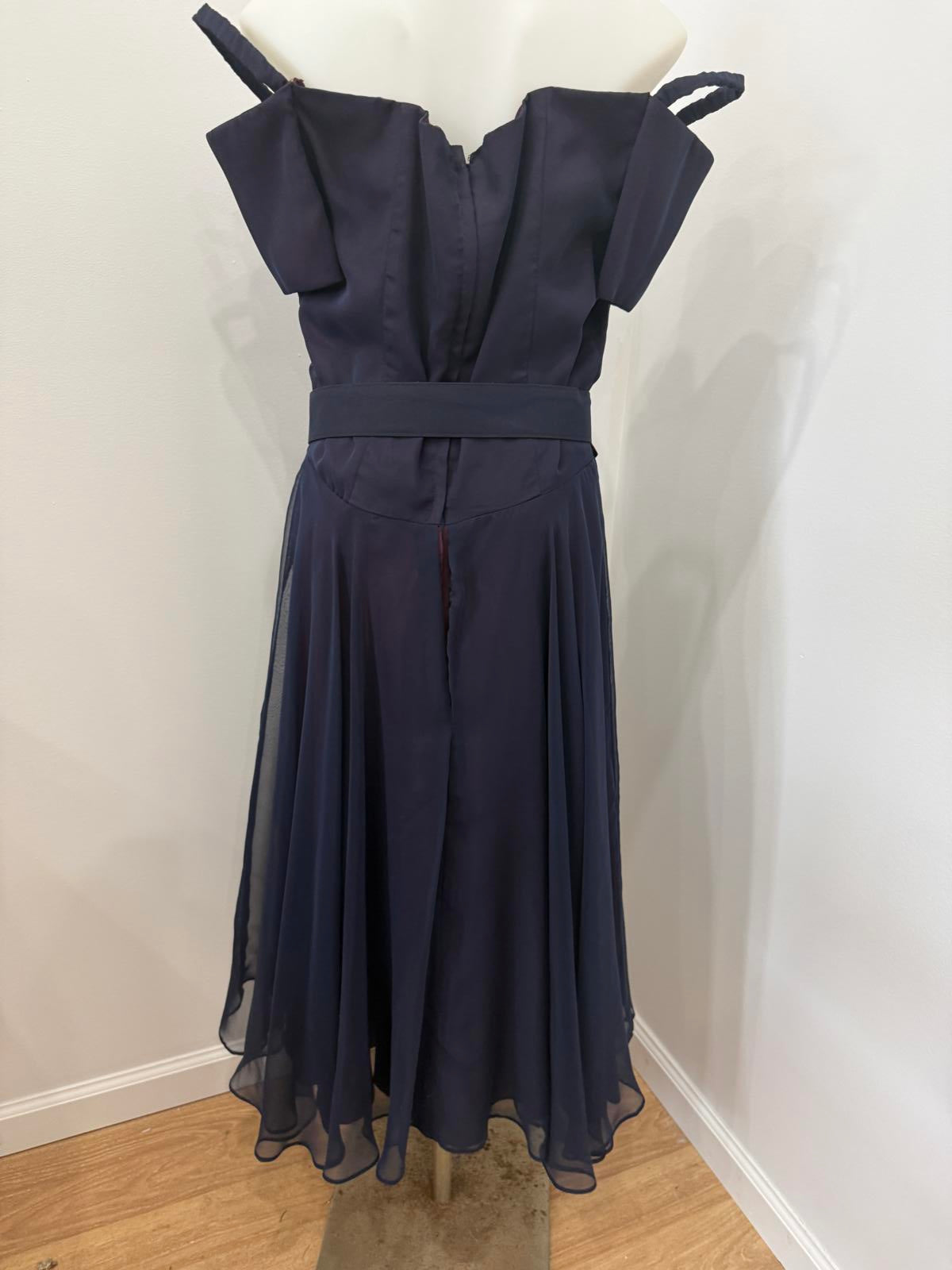 Vintage 70s Belted Elegant Navy Blue Off-Shoulder Dress with Belt