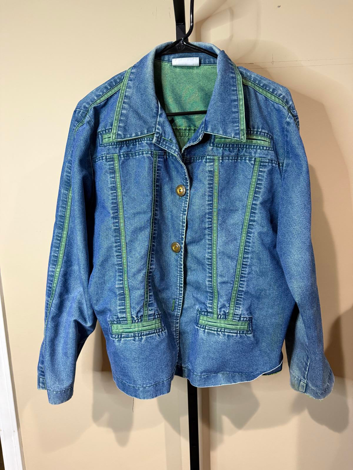 Women's Vintage Denim Jacket with Green Trim by Saint Germain Paris M/L