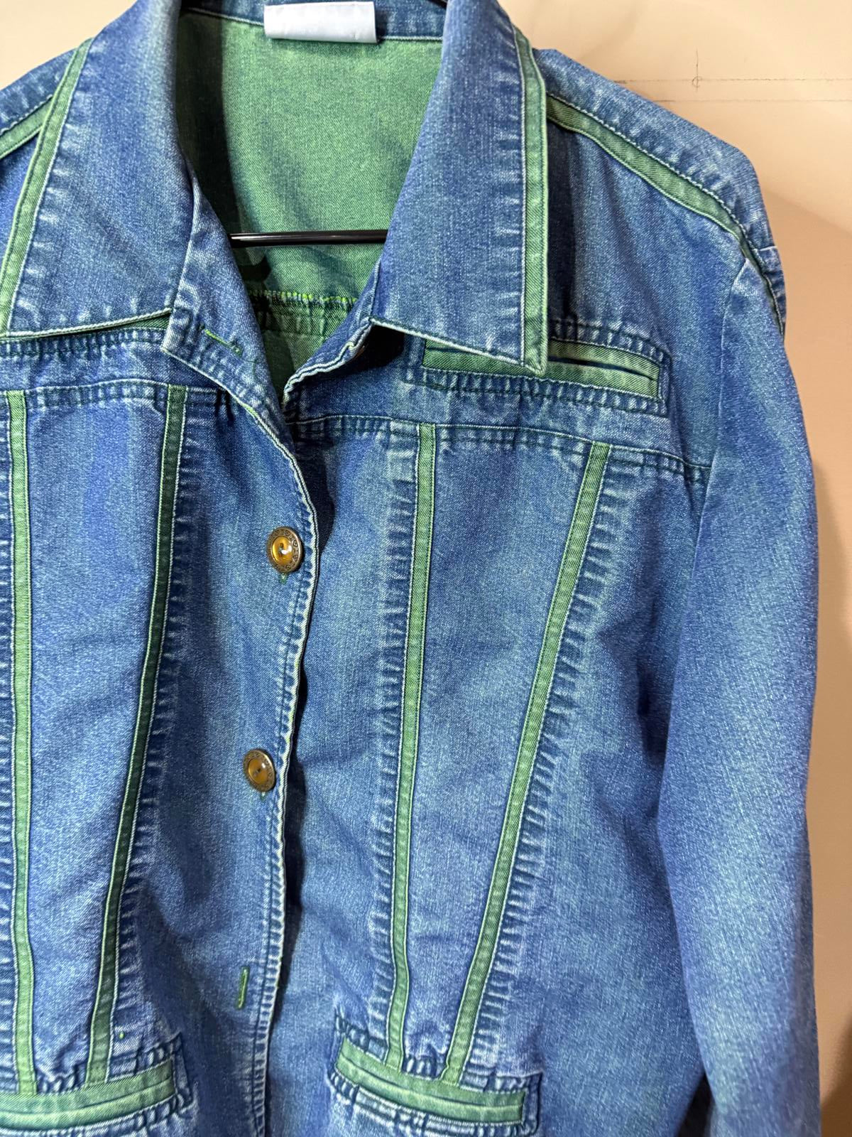 Women's Vintage Denim Jacket with Green Trim by Saint Germain Paris M/L