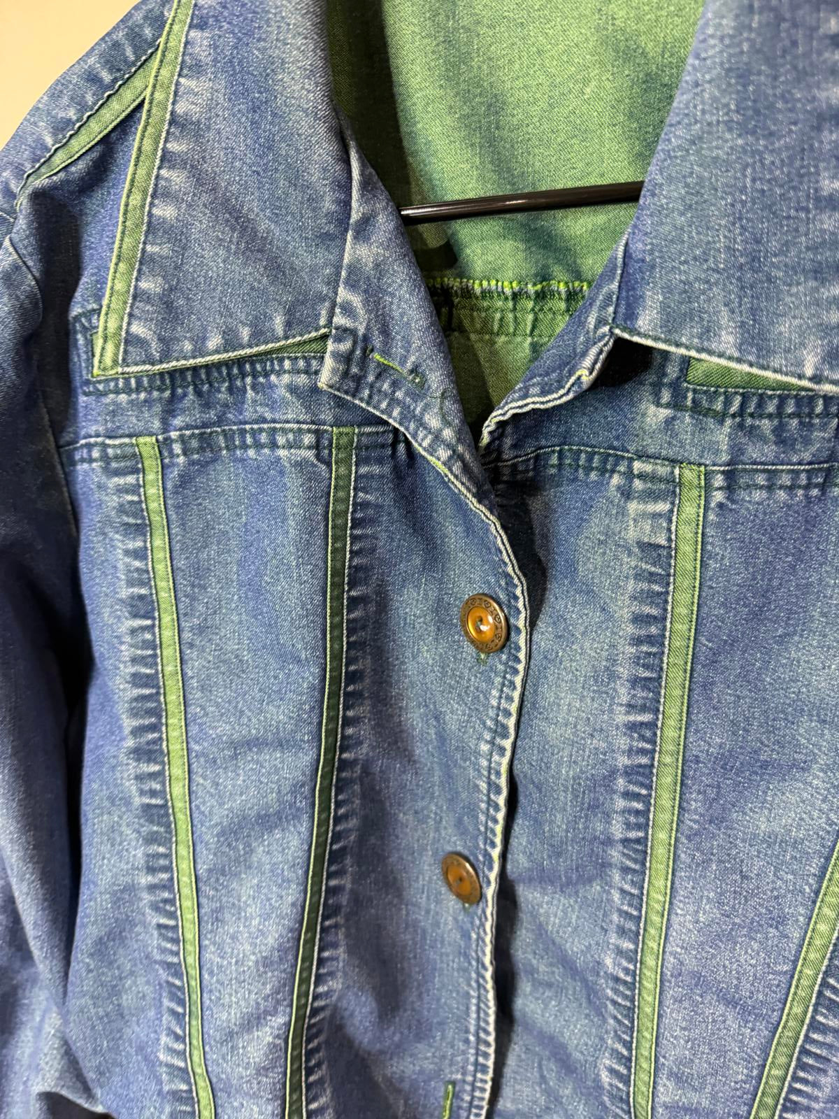Women's Vintage Denim Jacket with Green Trim by Saint Germain Paris M/L