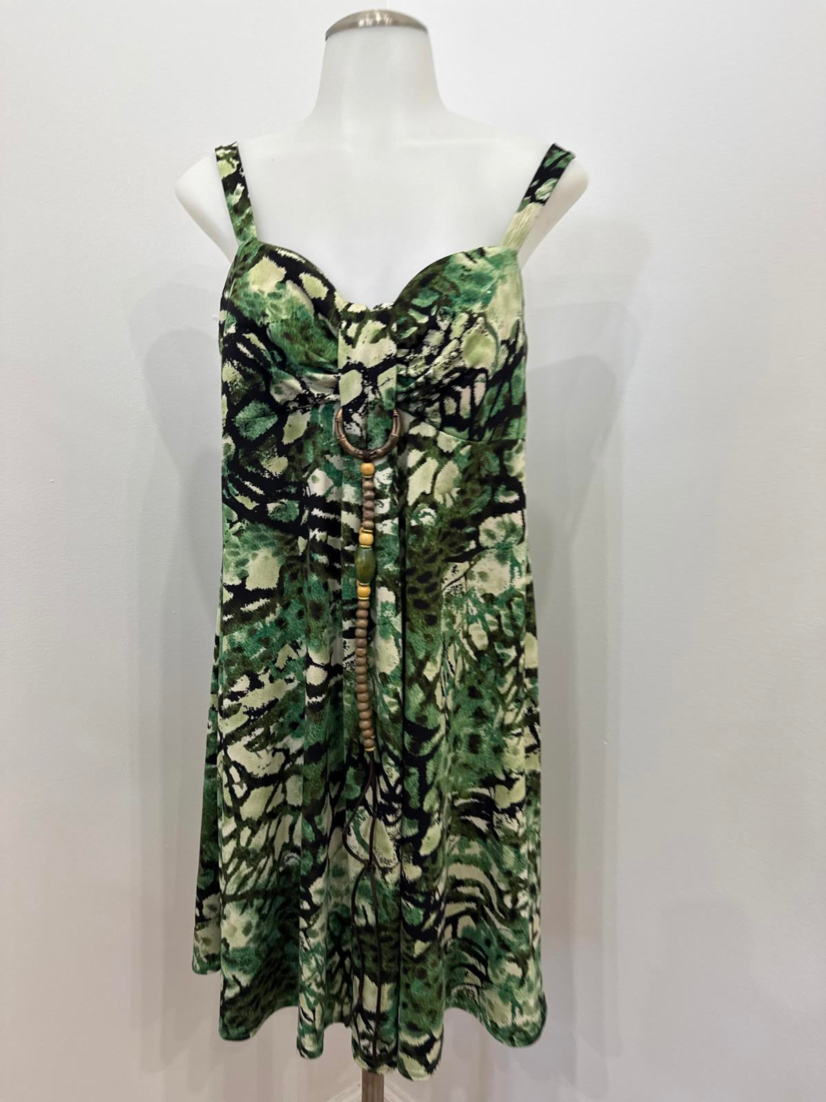 y2k Vintage Green and Beige Patterned Sleeveless Dress