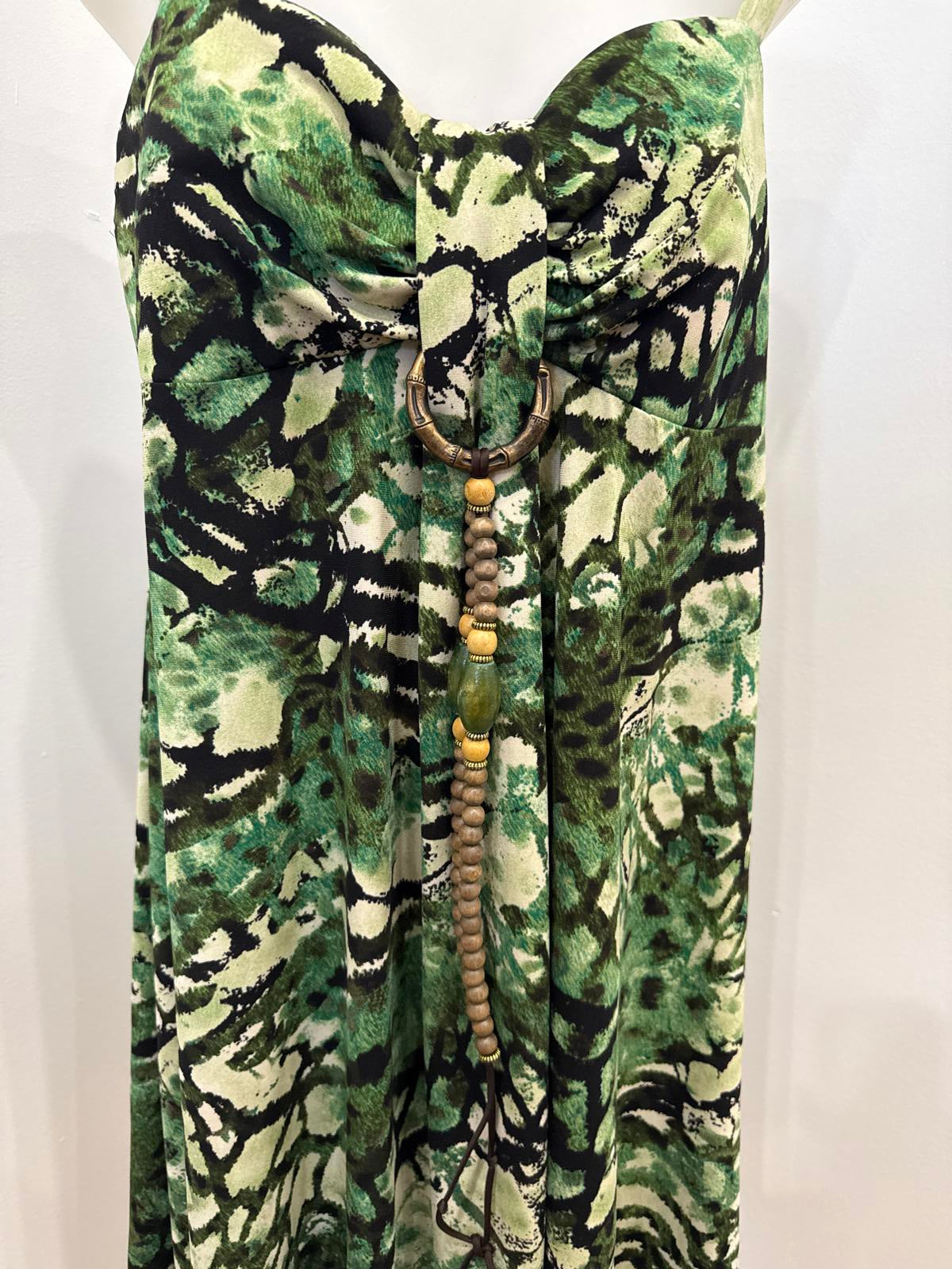 y2k Vintage Green and Beige Patterned Sleeveless Dress