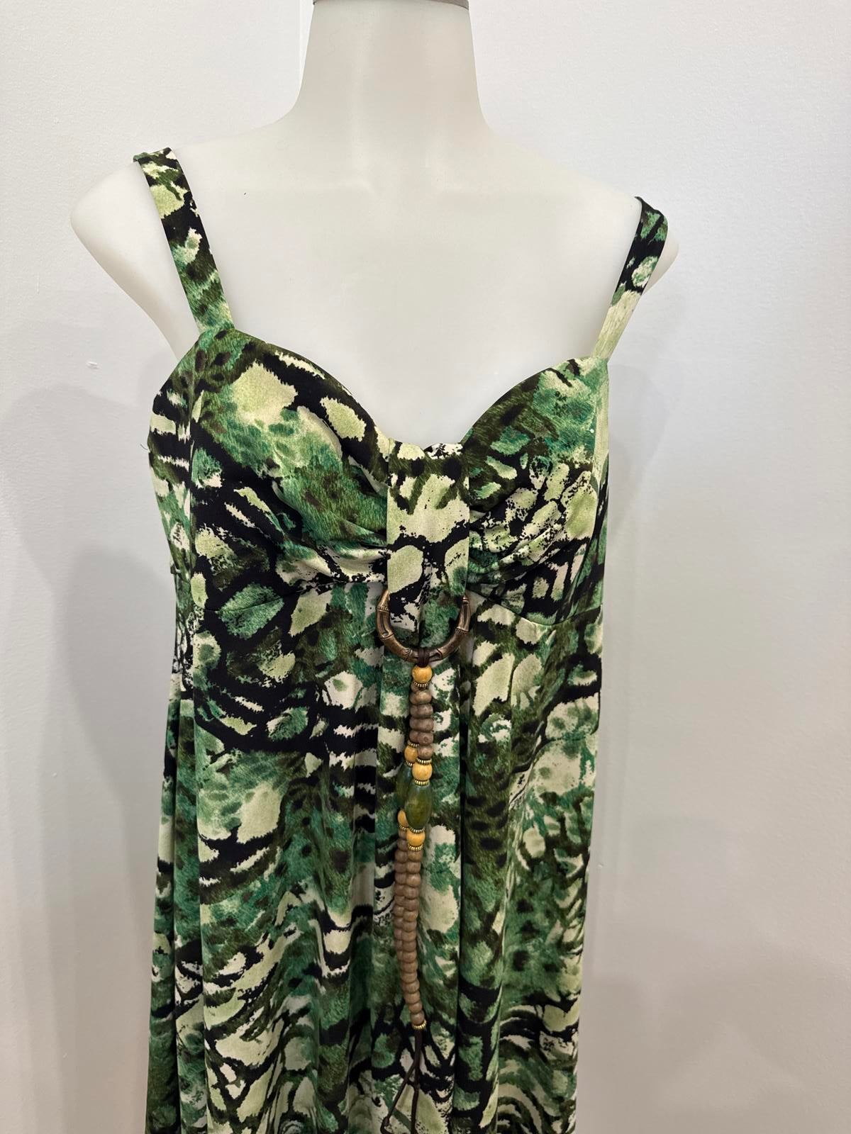 y2k Vintage Green and Beige Patterned Sleeveless Dress