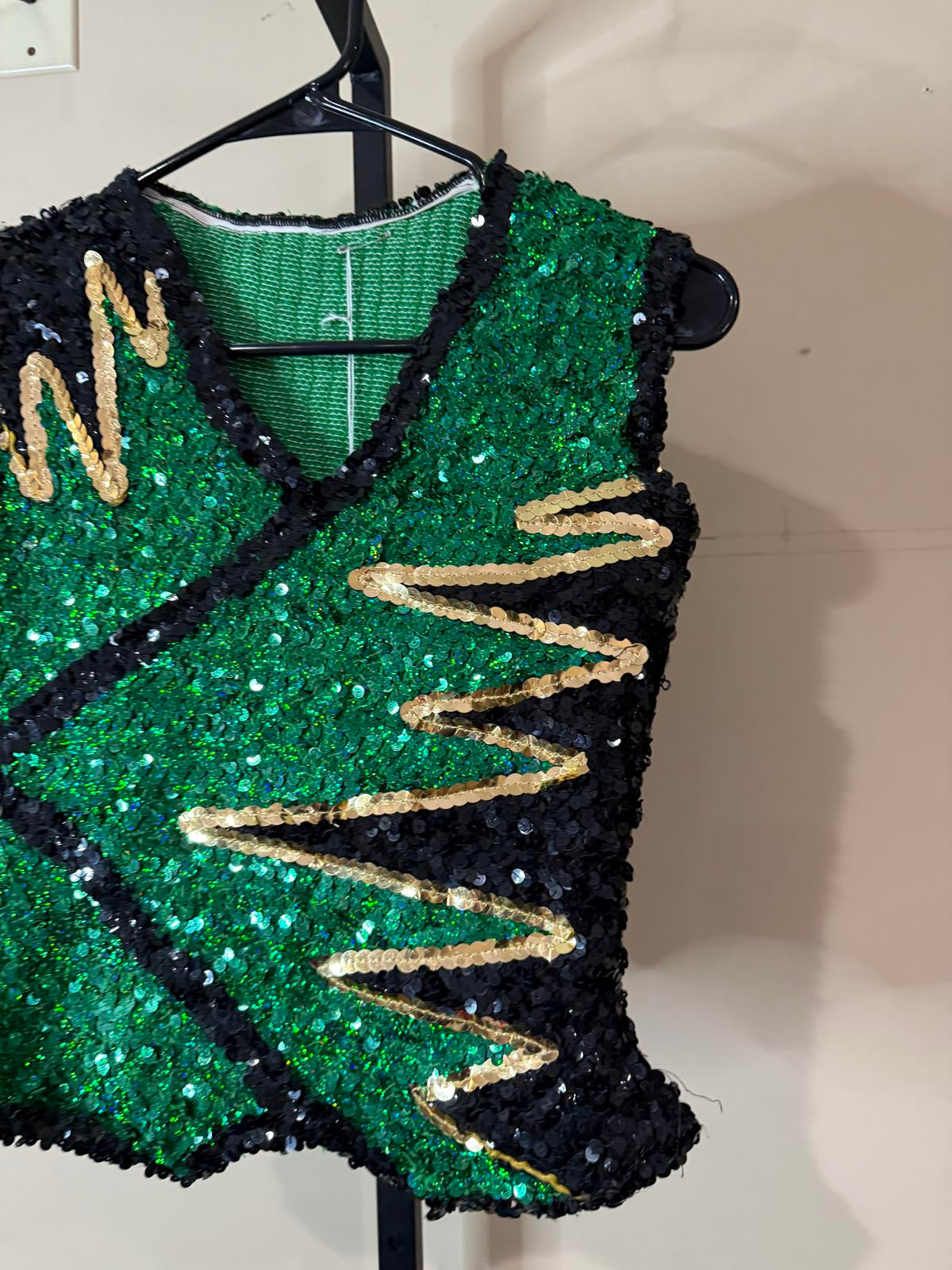 Vintage Sequin Embellished Green and Black Vest Top Adult Medium