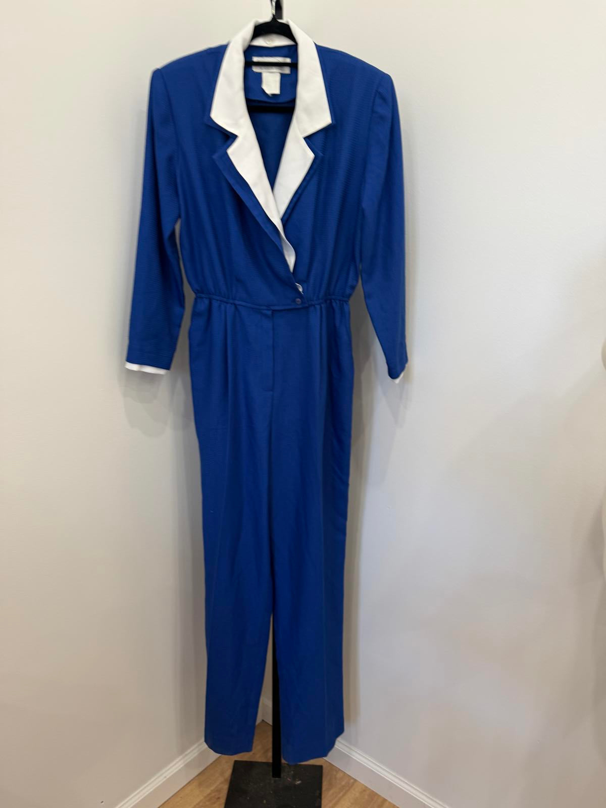 Vintage California Dreaming Blue Jumpsuit with White Trim Collar and Cuffs