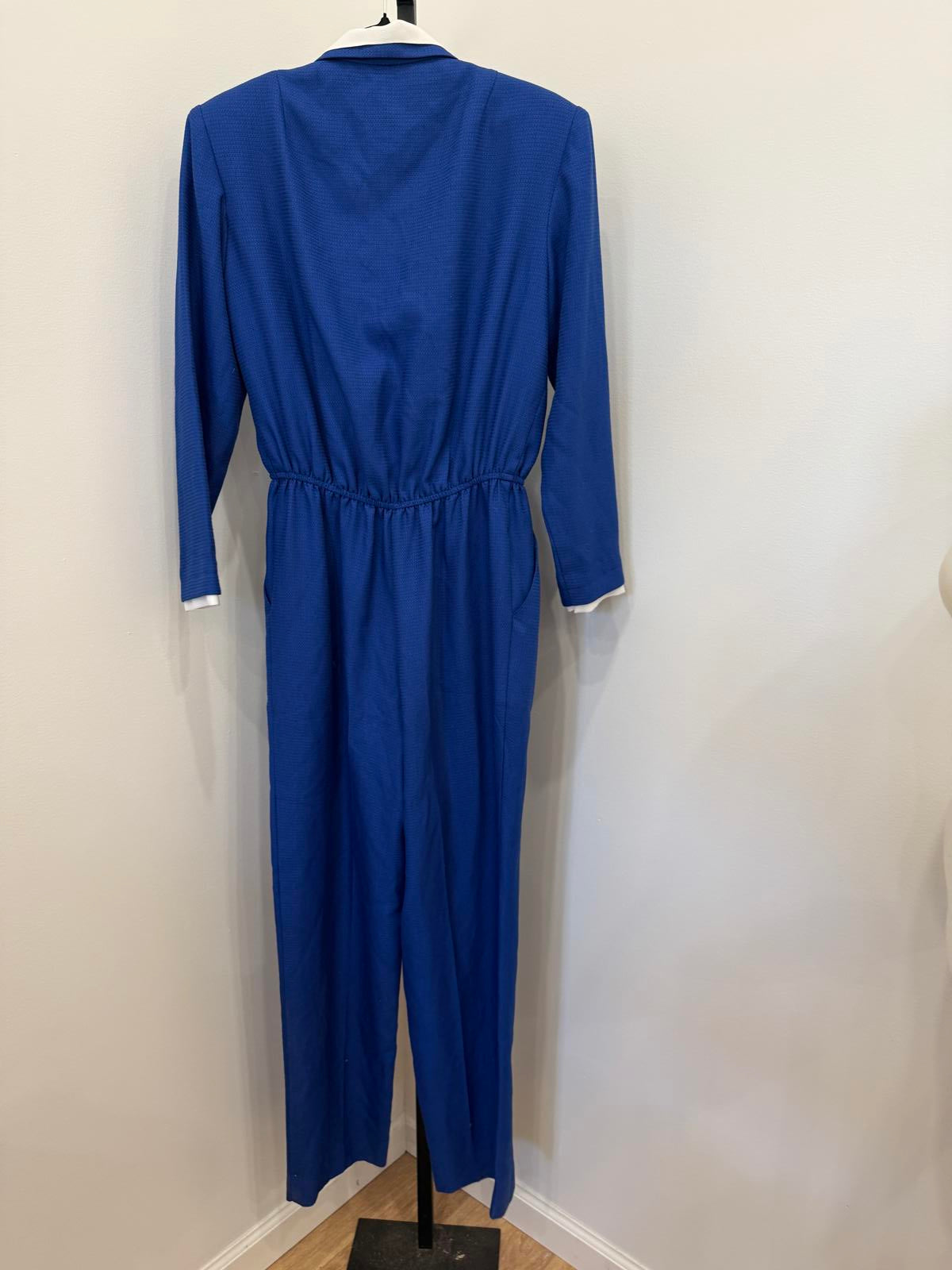 Vintage California Dreaming Blue Jumpsuit with White Trim Collar and Cuffs