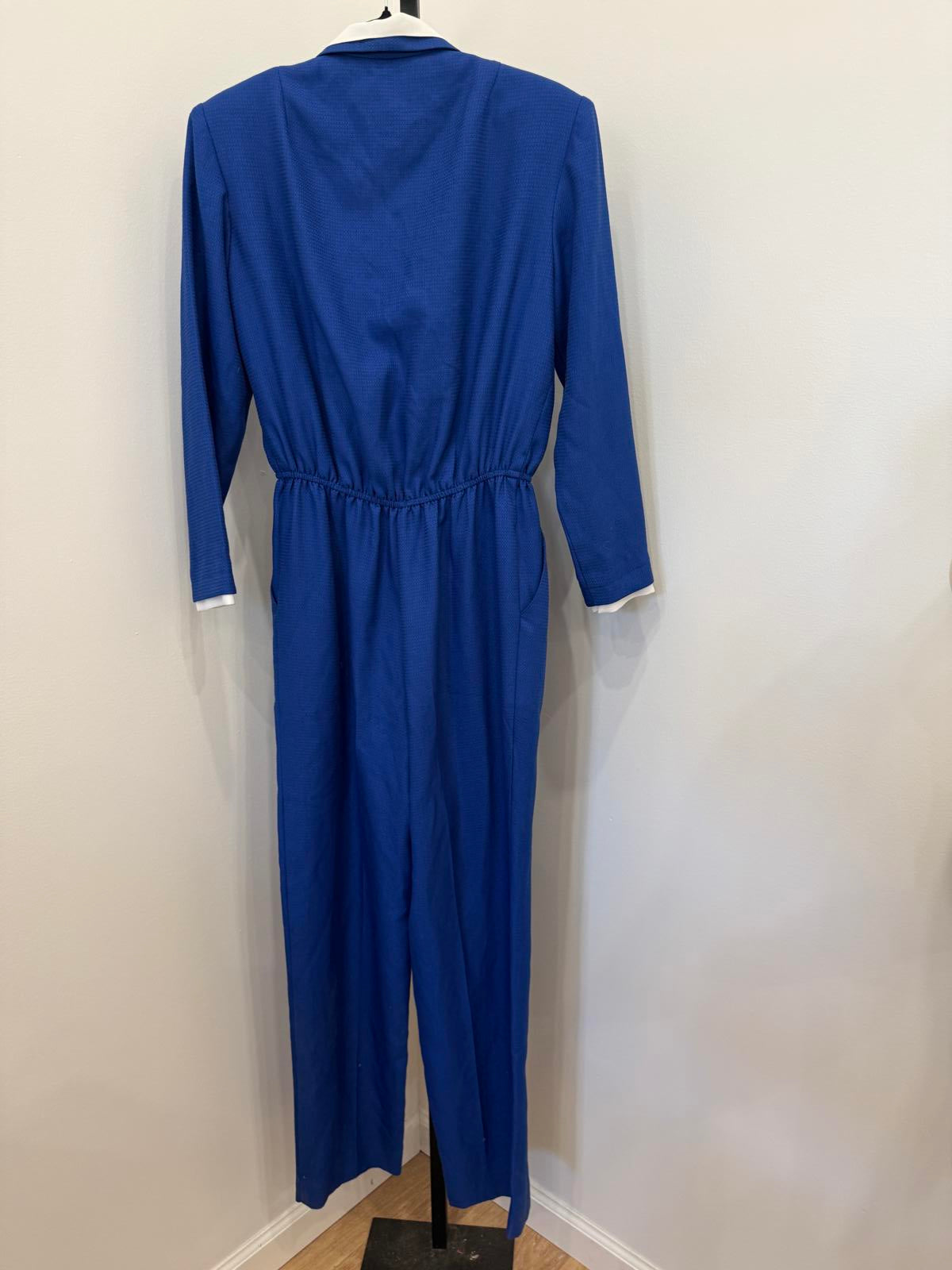 Vintage California Dreaming Blue Jumpsuit with White Trim Collar and Cuffs