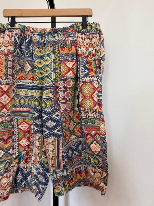 Vintage Handmade Colorful Patchwork Pattern Casual Shorts with Elastic Waistband
