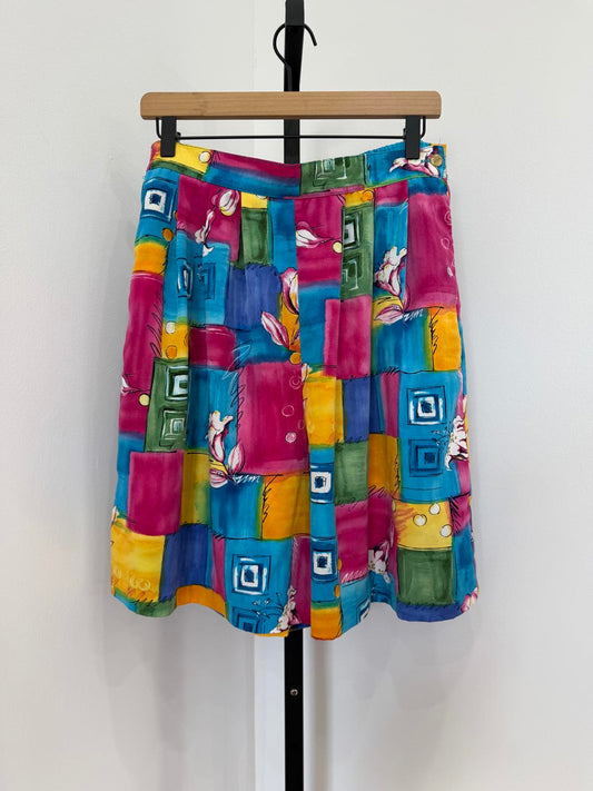 Vintage 80s 90s Size 6 Graff Colorful Patchwork Print Knee-Length Shorts