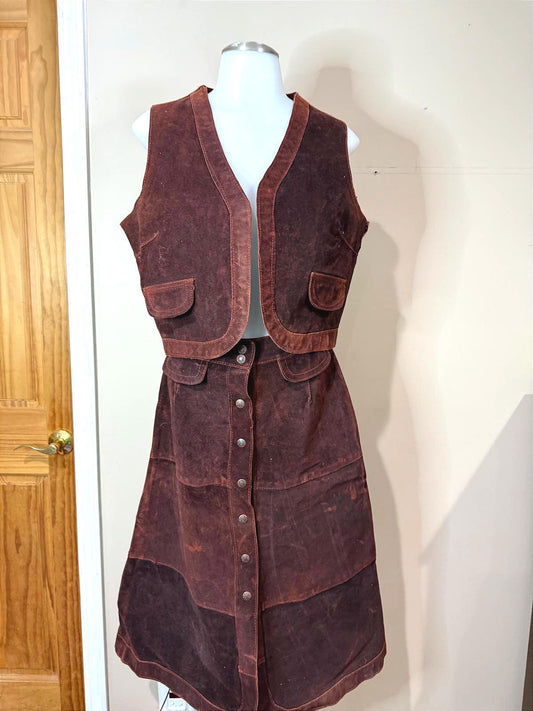70s Argentinian Suede Vintage Brown Suede Leather Button-Front Skirt Size 42