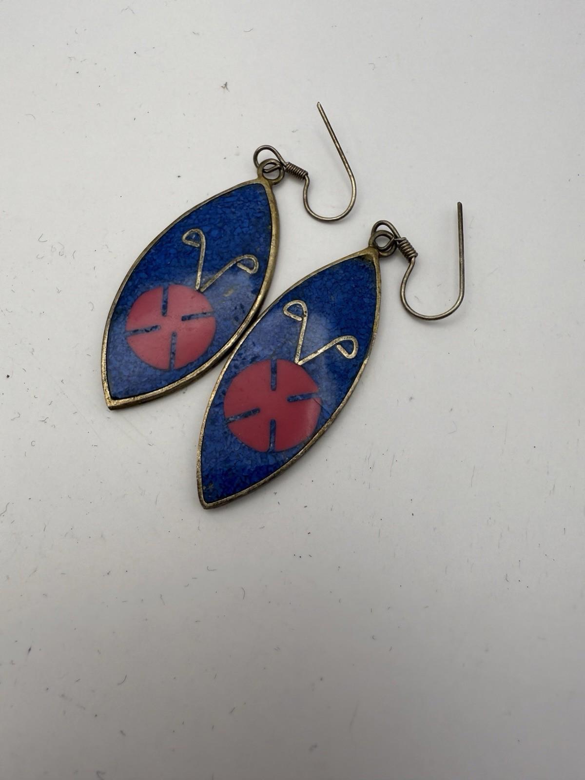 Vintage Signed Alpaca Silver Mexico Inlaid Drop Earrings Turquoise