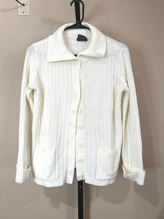 Vintage 70s Medium White Ribbed Button-Up Cardigan Sweater with Pockets